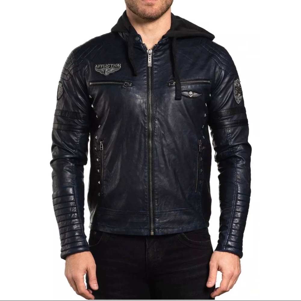 Affliction Men's Jacket Leather RUINS Hooded Biker Skull Black. New with tag